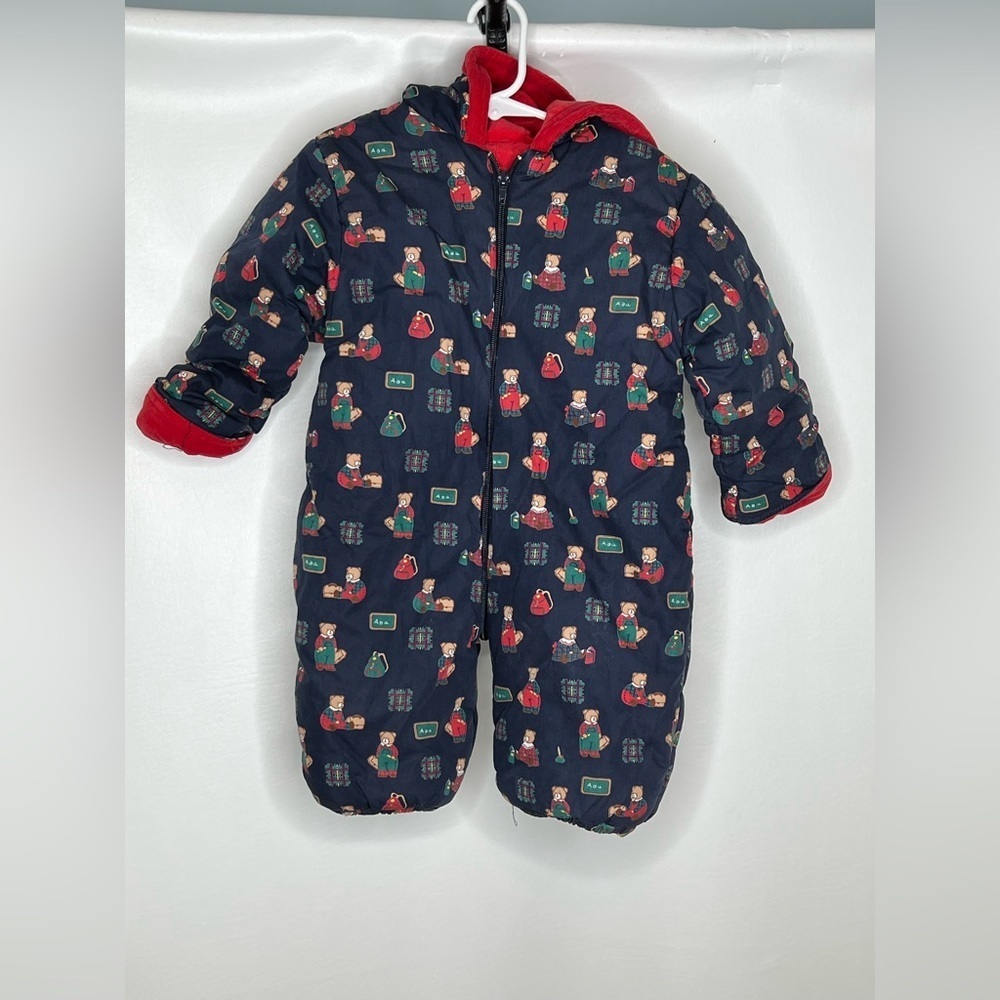 Vtg Jacadi baby boys snowsuit sz 18 month blue teddy bear print